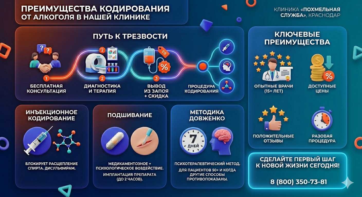 Инфографика о методах кодирования от алкоголя в Нарышкино: инъекции, подшивание, метод Довженко. Преимущества клиники и этапы лечения.